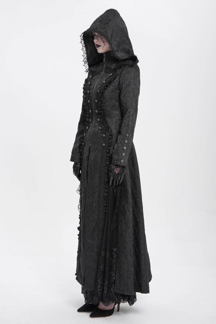 Black Stand Collar Long Sleeves Ruffle Hooded Women's Gothic Long Coat - Product - 3