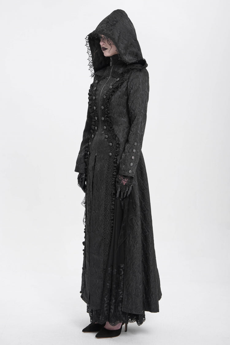 Black Stand Collar Long Sleeves Ruffle Hooded Women's Gothic Long Coat - Product - 3