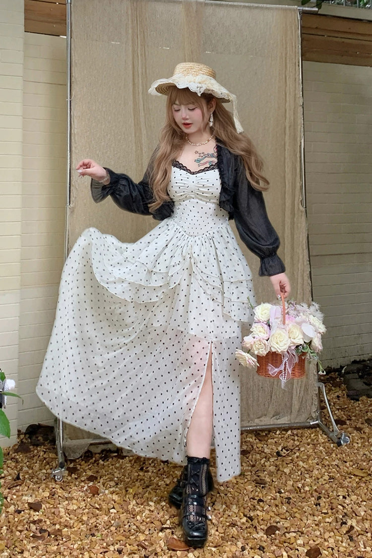 Black/White Square Collar Sleeveless Polka Dot Printed Ruffled Lace Sweet Plus Size Lolita Jsk Dress - Product - 4