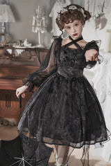 Black Ruffled Strap Mesh Lantern Sleeves High Waisted Irregular Hem Gothic Lolita OP Dress - Product - 3