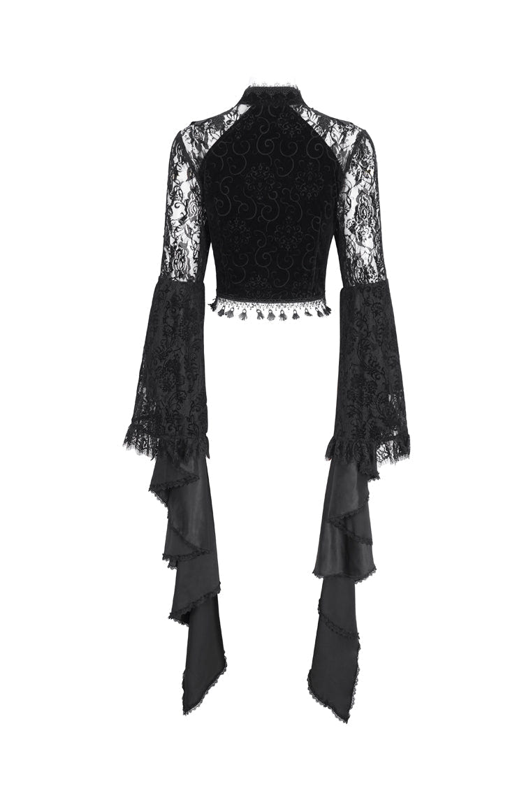 Black Long Trumpet Sleeves Stitching Lace Women's Gothic Blouse - Product - 9