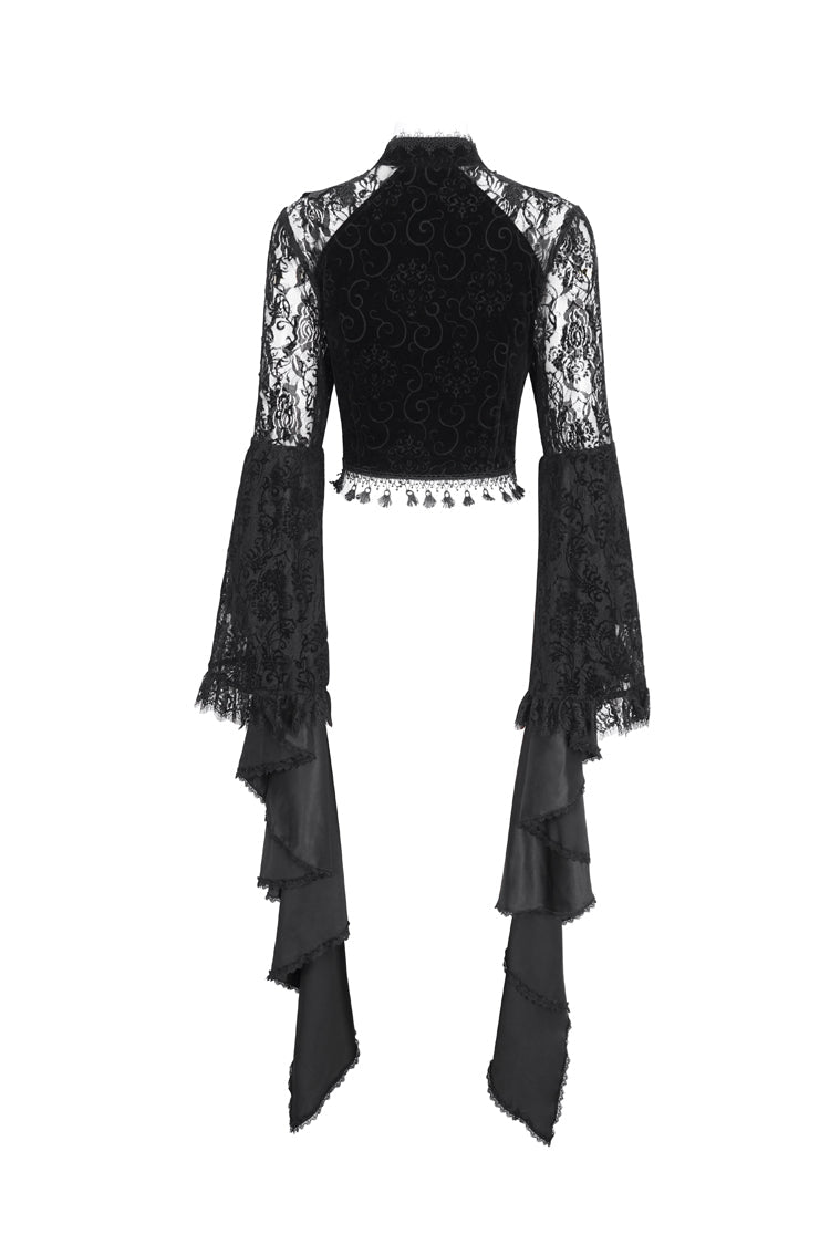 Black Long Trumpet Sleeves Stitching Lace Women's Gothic Blouse - Product - 9