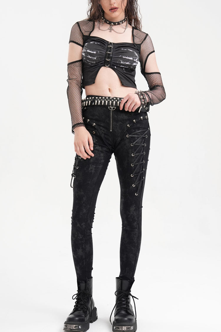 Black Skull Rivets Lace-Up Women's Punk Pants - Product - 7
