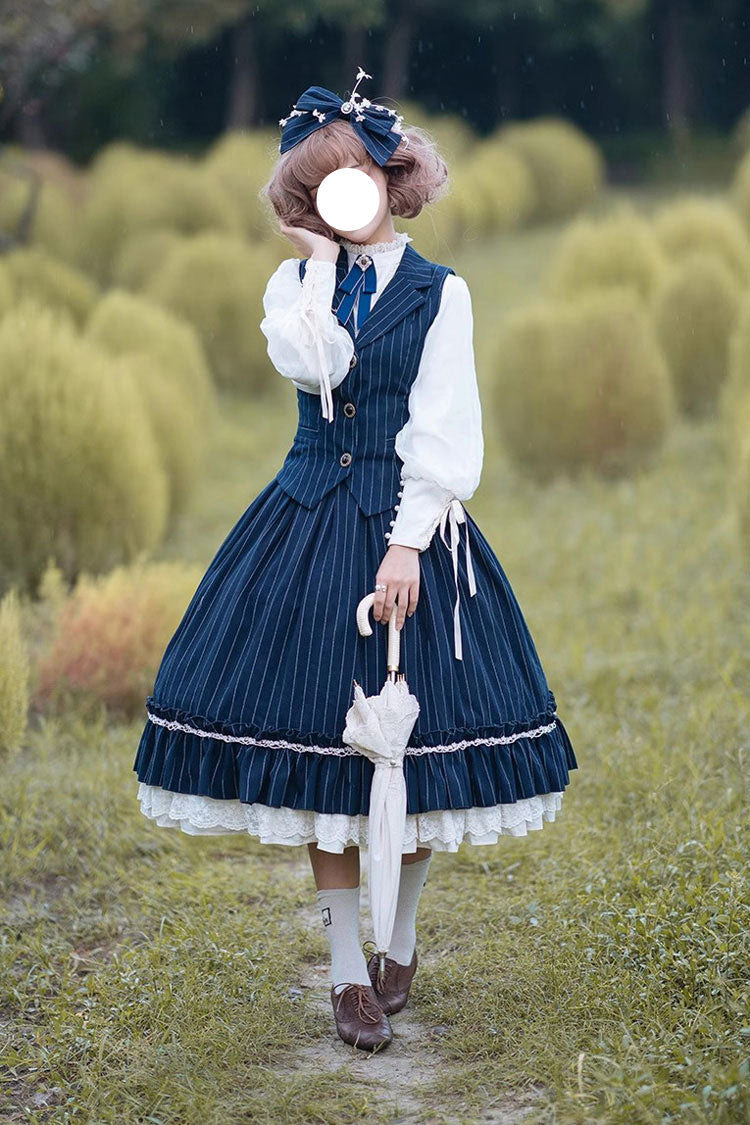 Multi-layer Striped Print Ruffle Sweet College Style Elegant Lolita Skirt 3 Colors - Blue - 1