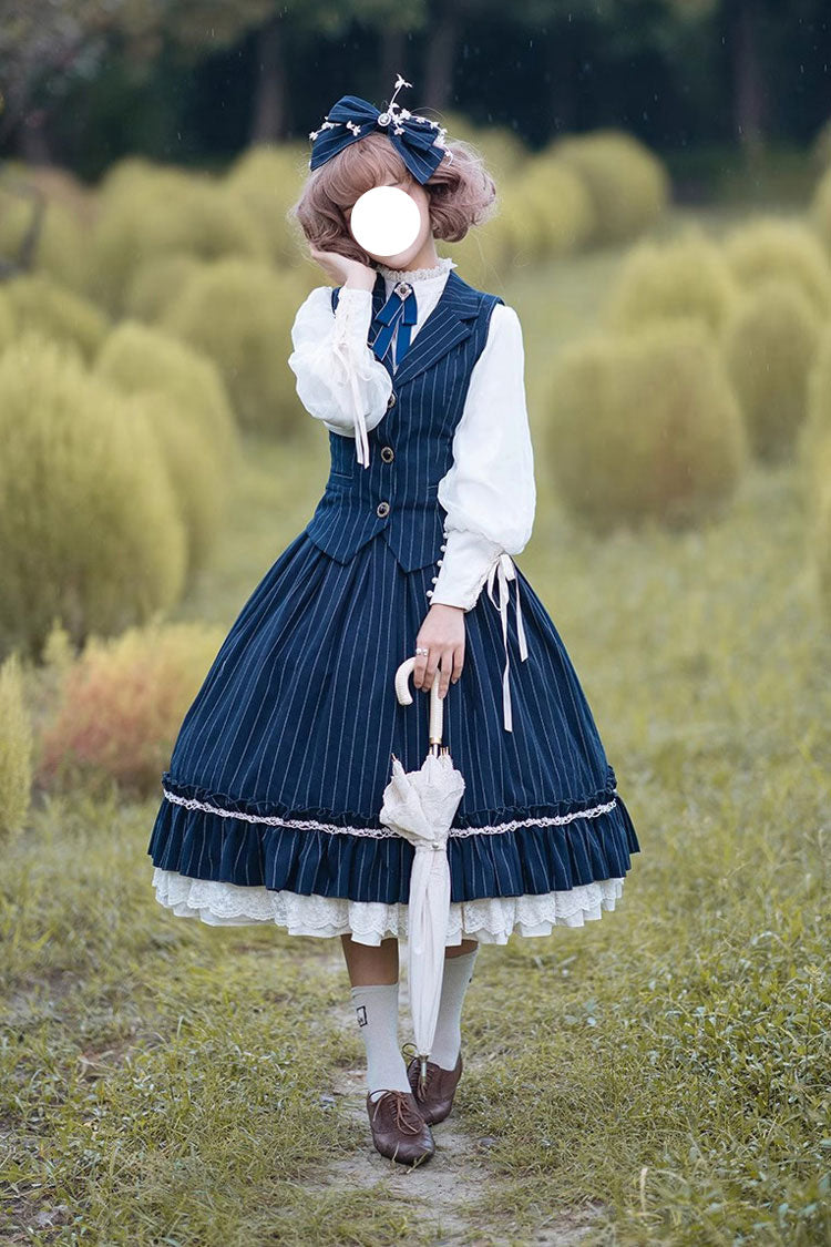 Multi-layer Striped Print Ruffle Sweet College Style Elegant Lolita Skirt 3 Colors - Blue - 1