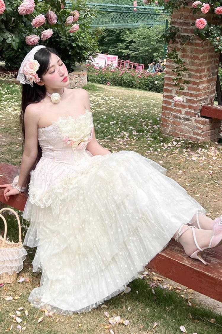 Pink Flower Goddess of Love Ruffle Bowknot Lace Sweet Elegant Lolita Maxi Skirt Dress Set - Product - 8