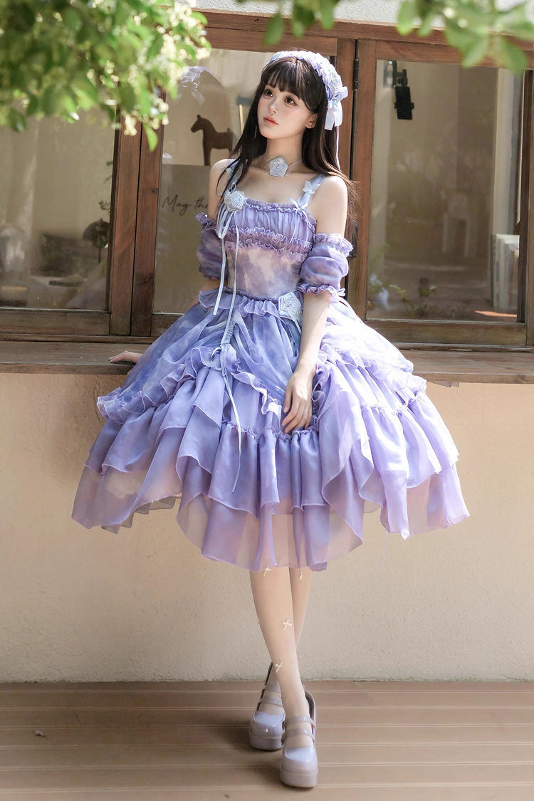 [Goodnight Camellia] Sleeveless Ombre Multi-Layered Printed Ruffled Lace Fishbone Sweet Lolita Jsk Dress 3 Colors - Product - 18