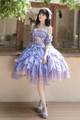 [Goodnight Camellia] Sleeveless Ombre Multi-Layered Printed Ruffled Lace Fishbone Sweet Lolita Jsk Dress 3 Colors - Product - 18
