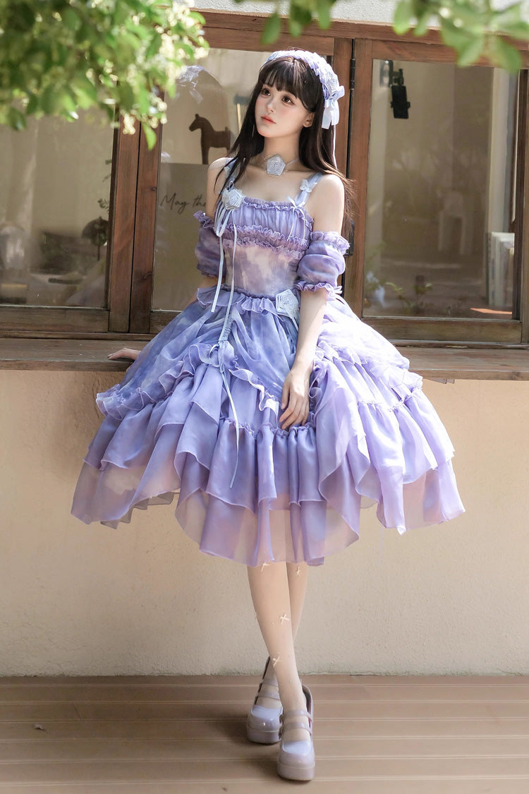[Goodnight Camellia] Sleeveless Ombre Multi-Layered Printed Ruffled Lace Fishbone Sweet Lolita Jsk Dress 3 Colors - Product - 18