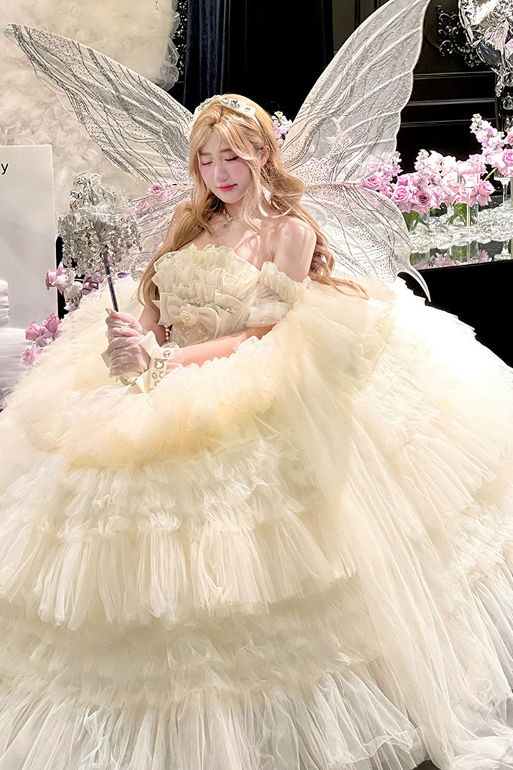 White [Maiden’s Love] Off Shoulder Triple-Layered Ruffled Hanayome Bow Lace Sweet Princess Lolita Dress - Product - 4