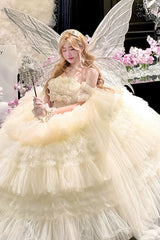 White [Maiden’s Love] Off Shoulder Triple-Layered Ruffled Hanayome Bow Lace Sweet Princess Lolita Dress - Product - 4