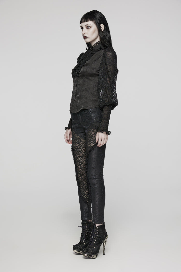 Black Stand Collar Lace Long Sleeves Ruffle Hollow Womens Gothic Blouse - Product - 3