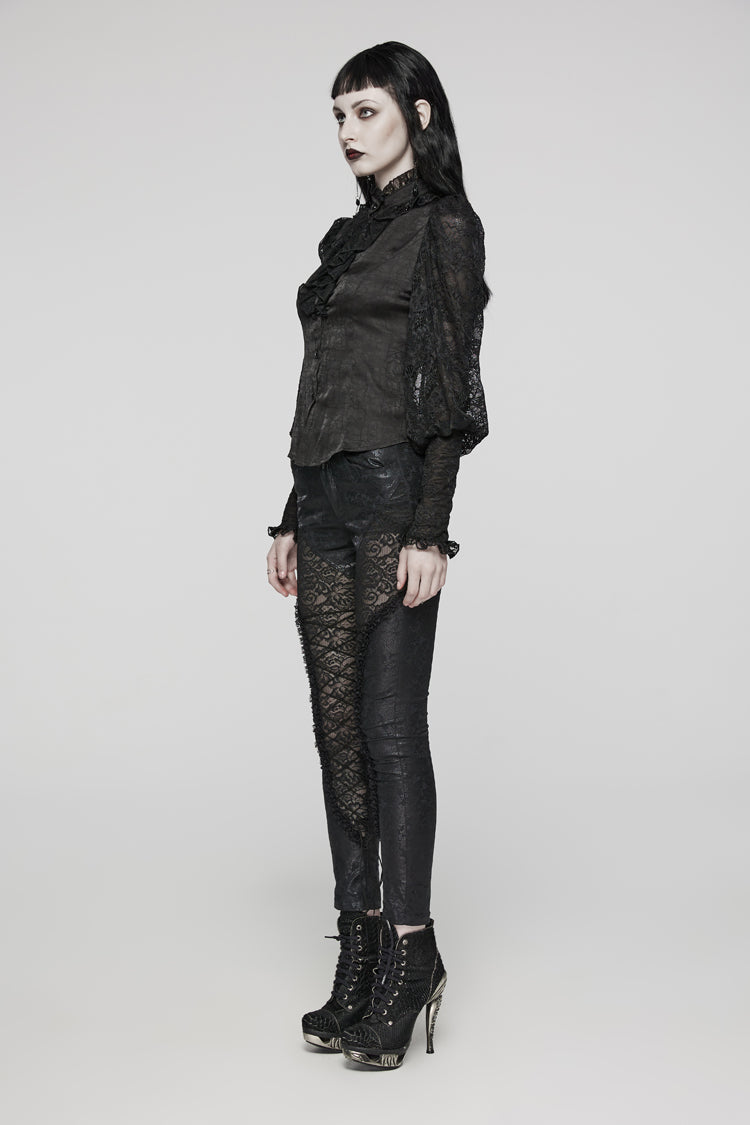 Black Stand Collar Lace Long Sleeves Ruffle Hollow Womens Gothic Blouse - Product - 3