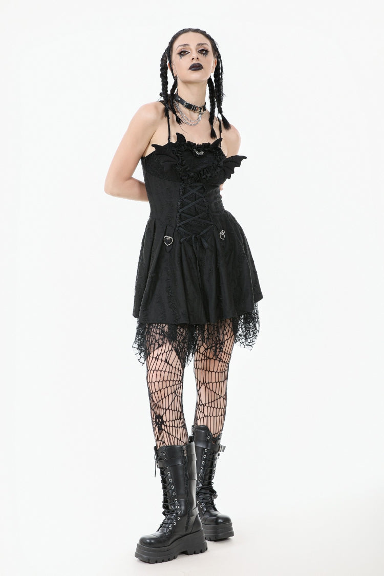 Black Sleeveless Lace Lace-Up Pleated Women's Gothic Dark Demon Slip Dress - Product - 8