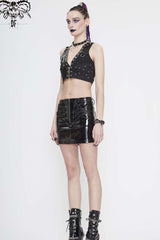 Black Short Leather Splice Mesh Asymmetrical Heavy Metal Decoration Women's Punk Waistcoat - Product - 5