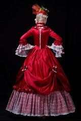 Red Multi-Layer Hime Sleeves High Waisted Hollow Embroidery Floral Print Victorian Lolita Prom Dress - Product - 5