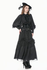 Black Point Collar Long Bishop Sleeves Rose Jacquard Irregular Hem Women's Gothic Blouse with Detachable Tie - Product - 9