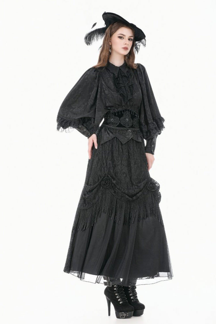 Black Point Collar Long Bishop Sleeves Rose Jacquard Irregular Hem Women's Gothic Blouse with Detachable Tie - Product - 9