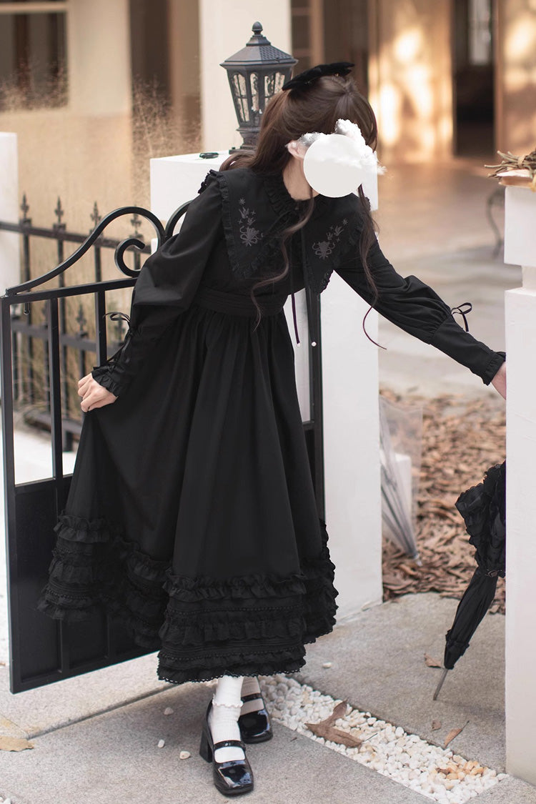 Black [Wind Kissed Tulips] Long Sleeves Ruffle Embroidery Bowknot Gothic Vintage Elegant Lolita Dress - Product - 10
