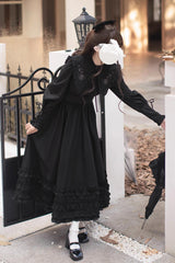 Black [Wind Kissed Tulips] Long Sleeves Ruffle Embroidery Bowknot Gothic Vintage Elegant Lolita Dress - Product - 10