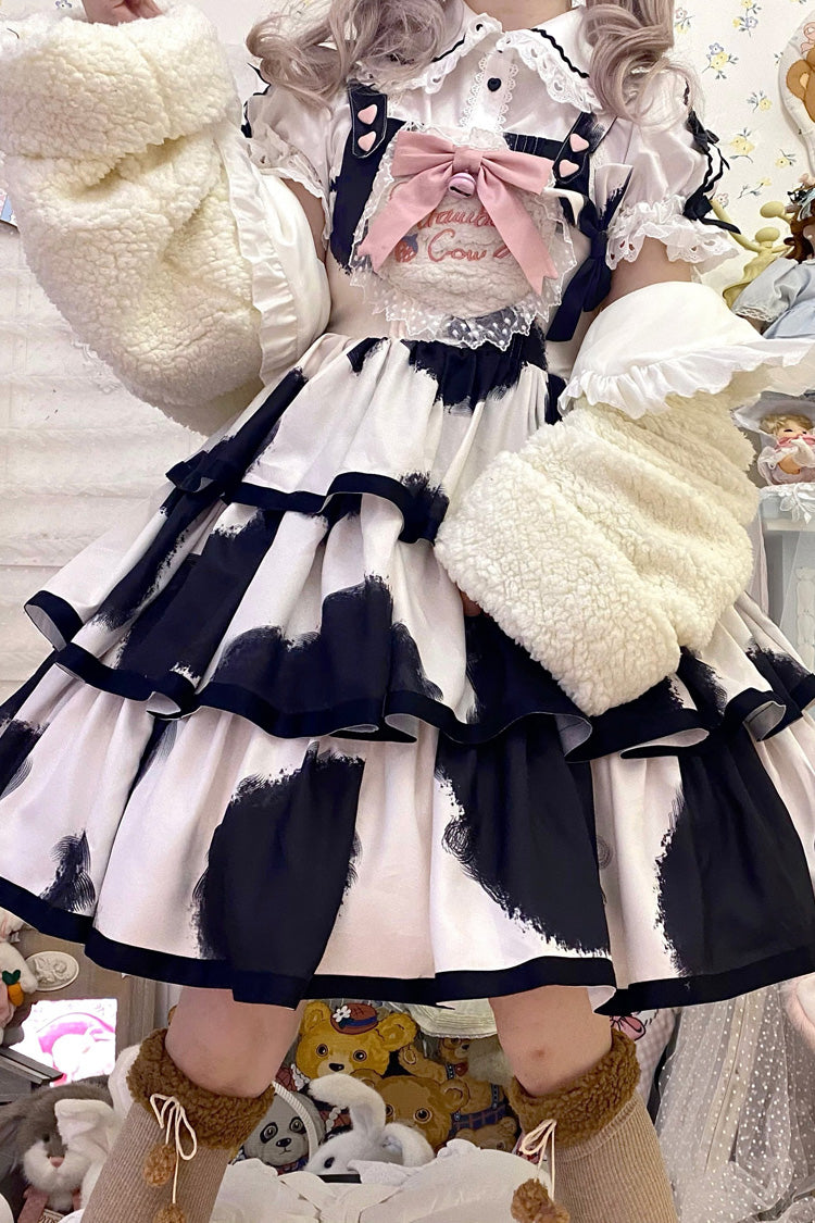Black Sleeveless Triple-Layered Cow Print Ruffle Bowknot Sweet Lolita Jsk Dress - Product - 6
