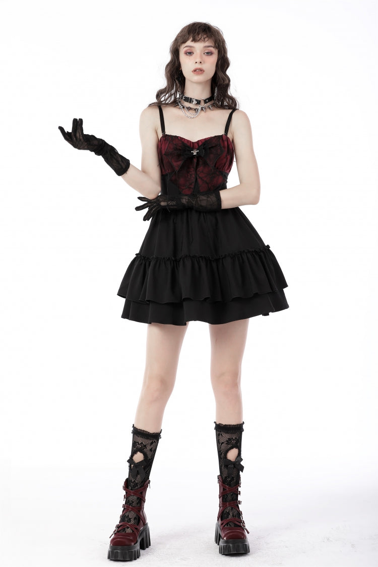 Black/Red Sleeveless Bowknot Lace-Up Double-Layered Frilly Women's Gothic Slip Graduation Dress - Product - 11