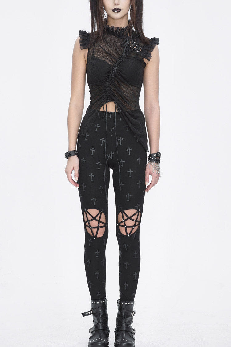 Black Print Hollow Women's Punk Leggings - Black - 1