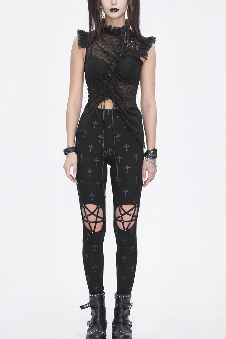 Black Print Hollow Women's Punk Leggings - Black - 1