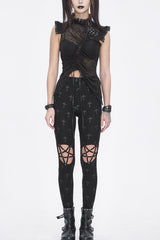 Black Print Hollow Women's Punk Leggings - Black - 1