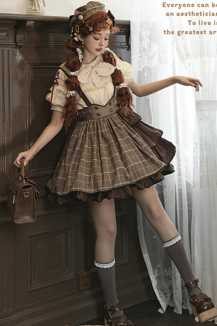 Brown Sherlock Detective Ruffle Color Matching Gothic Lolita Strap Skirt - Product - 8