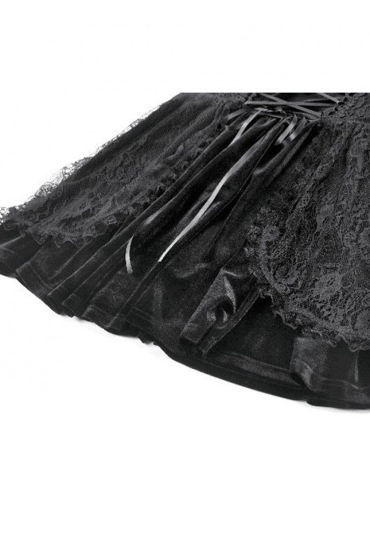 Black Square-Cut Collar Short Puff Sleeves Lace Patchwork Velvet Lace-Up Women's Gothic Vintage Dress - Product - 15