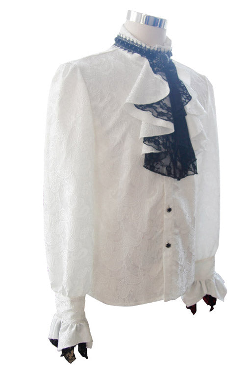 White Shining Rose Print Lace Cuff Mens Gothic Blouse - Product - 5