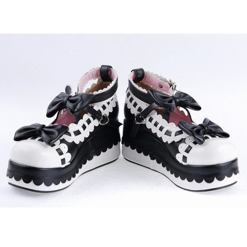 Black & White Romantic PU Round Toe Ankle Straps Bow Decoration Platform Lolita Shoes - Product - 5
