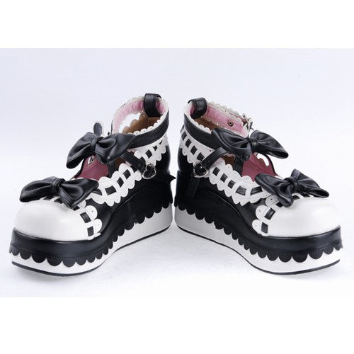 Black & White Romantic PU Round Toe Ankle Straps Bow Decoration Platform Lolita Shoes - Product - 5