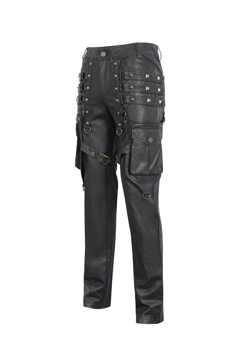 Black Big Pocket Bronze Studded Faux Leather Men's Gothic Pants - Product - 7