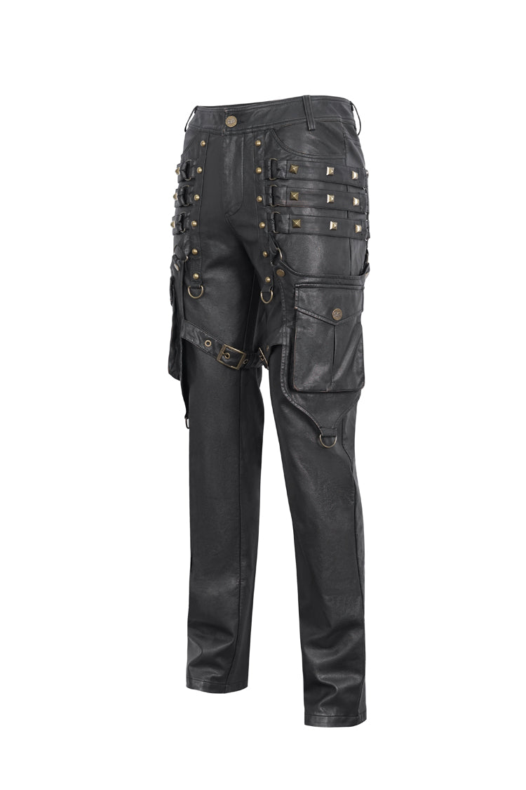 Black Big Pocket Bronze Studded Faux Leather Men's Gothic Pants - Product - 7