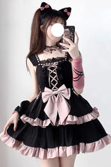 Black/Pink Double Layer Ruffle Bowknot Lace-Up Sweet Princess Lolita Jsk Dress - Black/Pink - 1