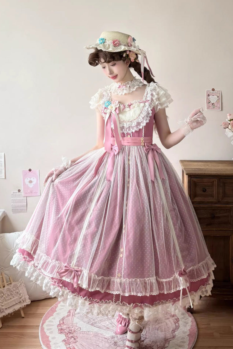 Rose Red [Sakura’s Spring Resonance] Sleeveless Ruffled Bow Sweet Lolita Jsk Dress (Long Version) - Rose-Red - 1