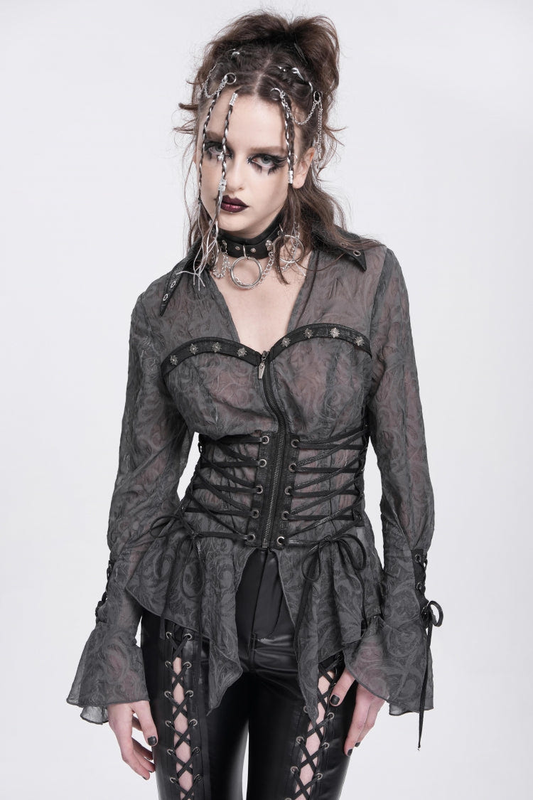 Black Long Sleeves Embroidery Lace-Up Irregular Sheer Women's Gothic Blouse - Product - 6