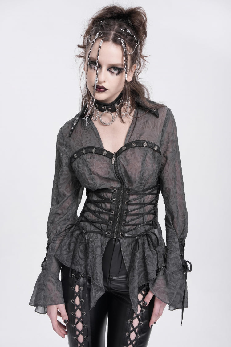 Black Long Sleeves Embroidery Lace-Up Irregular Sheer Women's Gothic Blouse - Product - 6