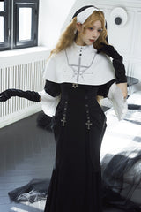 Black [Halloween Night Temple Nun] Short Sleeves Print Ruffle Gothic Elegant Lolita Dress - Product - 10