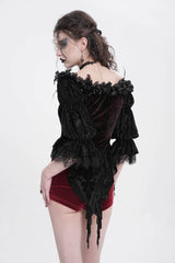 Red Off Shoulder Long Sleeves Ruffle Embroidery Lace-Up Women's Gothic Blouse - Product - 3