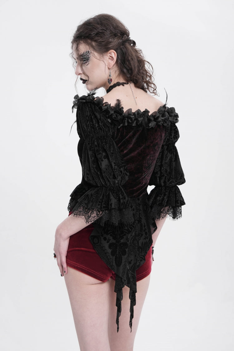 Red Off Shoulder Long Sleeves Ruffle Embroidery Lace-Up Women's Gothic Blouse - Product - 3