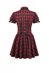 Black/Red Plaid Turn-Down Collar Cut-Out Short Sleeves Lace-Up Women's Punk Retro Mini Dress - Product - 15