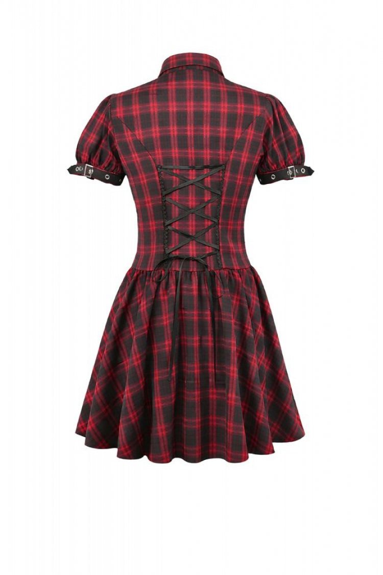 Black/Red Plaid Turn-Down Collar Cut-Out Short Sleeves Lace-Up Women's Punk Retro Mini Dress - Product - 15