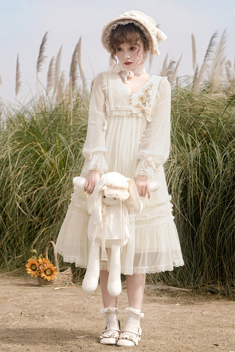 Ivory [Sunflower Diary] Long Sleeves Ruffle Embroidery Bowknot Lace Chiffon Sweet Princess Lolita Dress - Product - 4