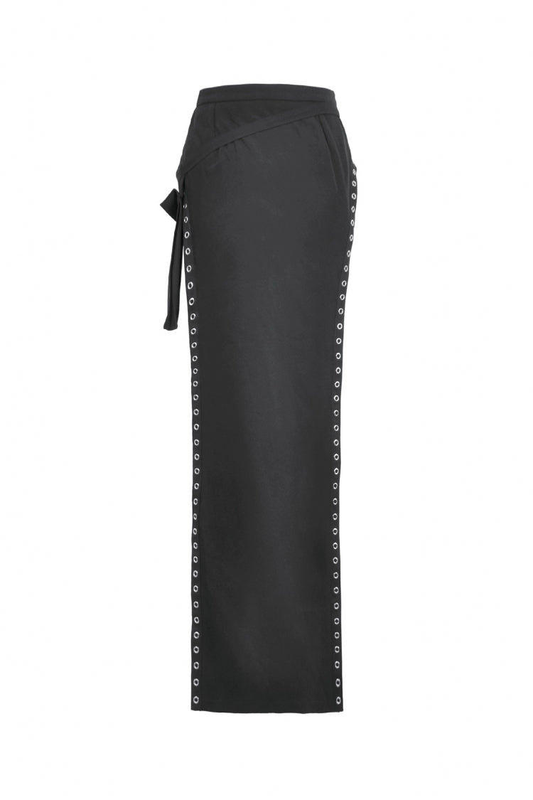 Black Strap Buckled Women's Punk Eyelet High-Slit Midi Skirt with Detachable Pocket - Product - 12