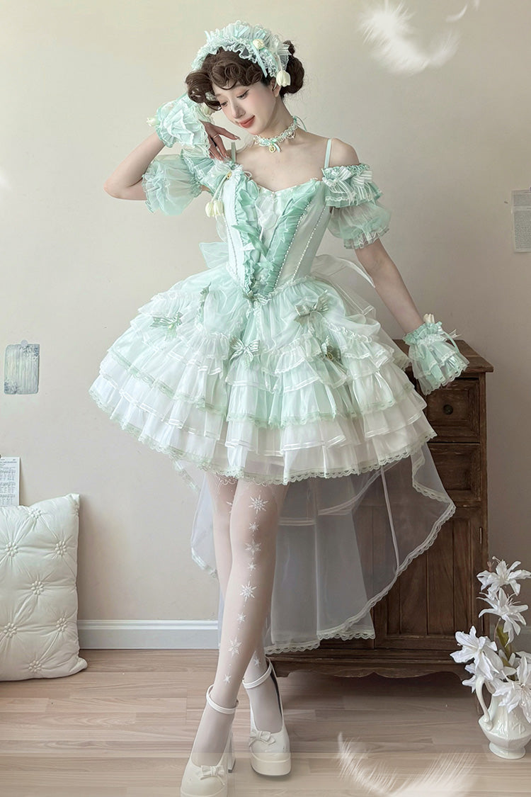 Green [Tulip and Wind Chime] Multi-Layered Ruffle Bowknot Lace Sweet Gorgeous Lolita Jsk Dress - Product - 10