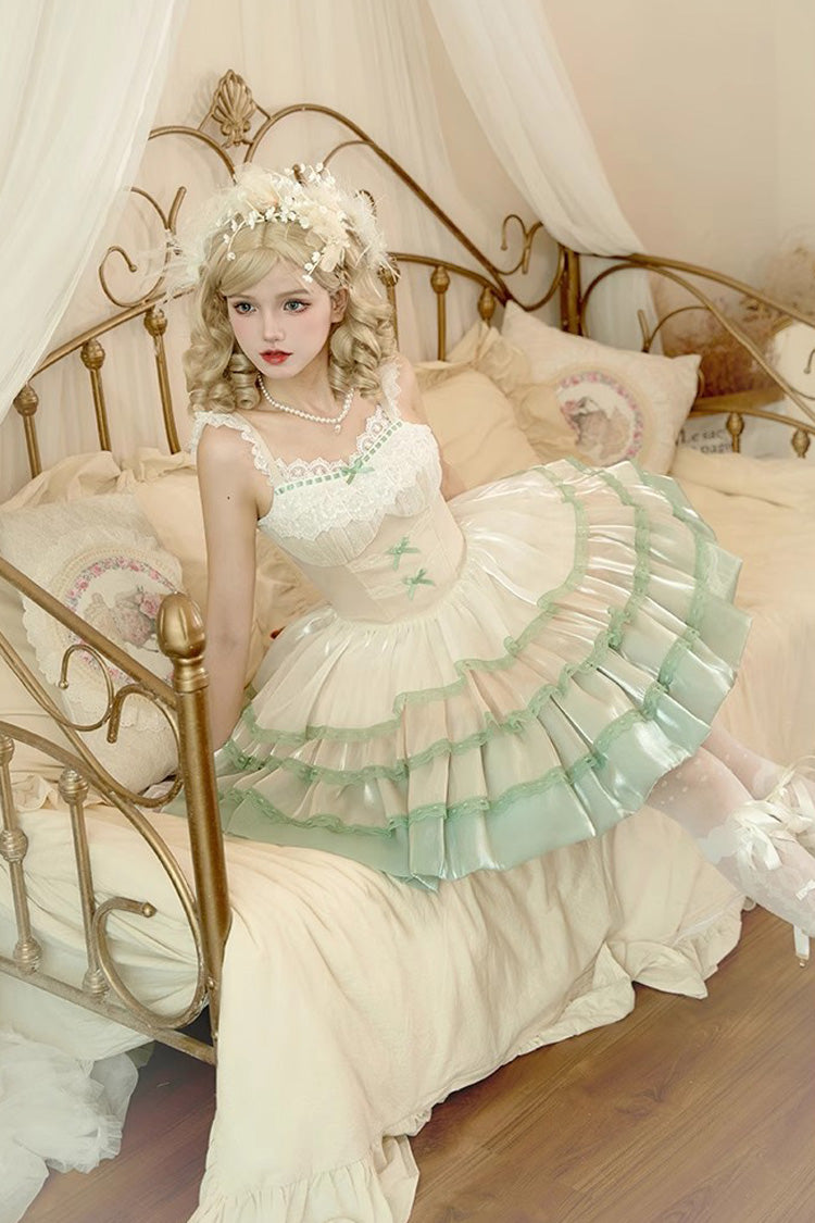 Ivory/Green Glass Dream Multi-layer Ruffle Fish Bone Sweet Lolita Jsk Dress - Product - 4
