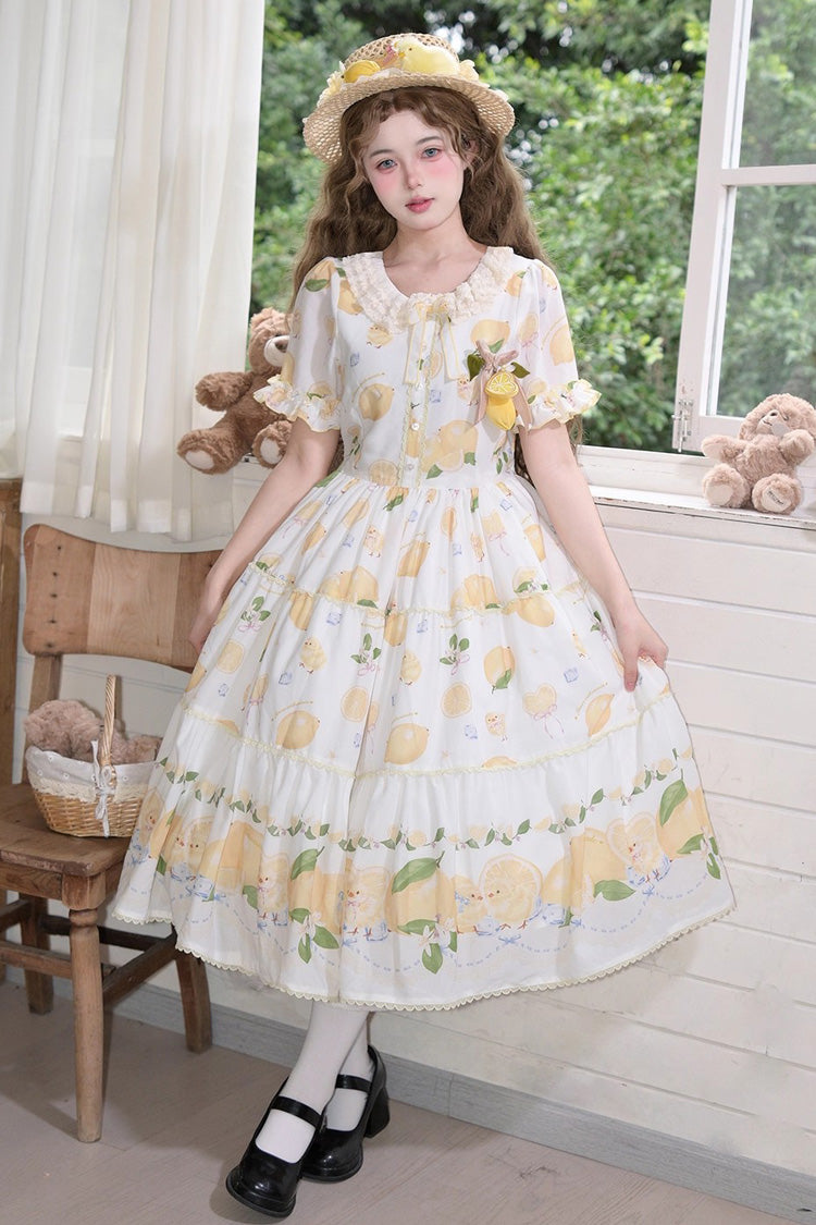 White [Lemon Chicken] Short Sleeves Print Ruffle Bowknot Lace Daily Sweet Lolita Dress - White - 1